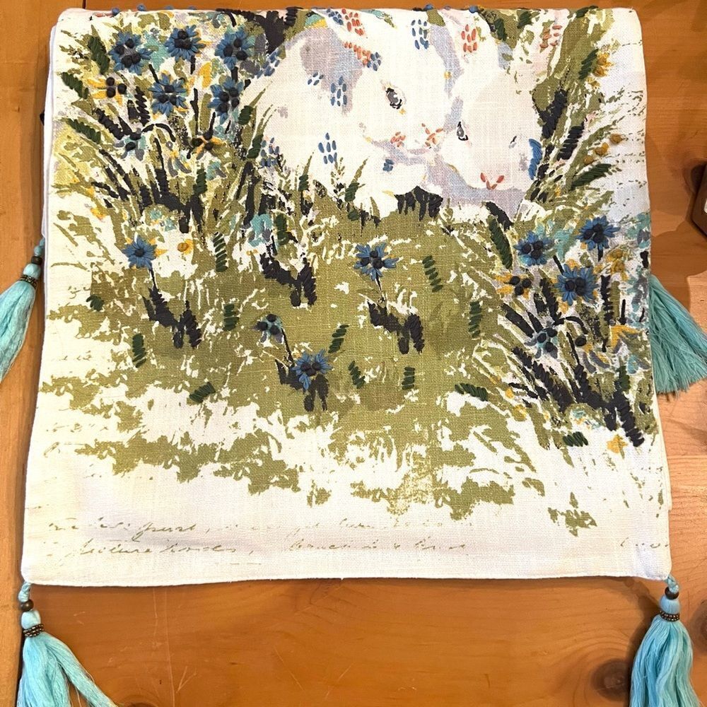 Cynthia Rowley rabbit print with embroidered flowers table runner